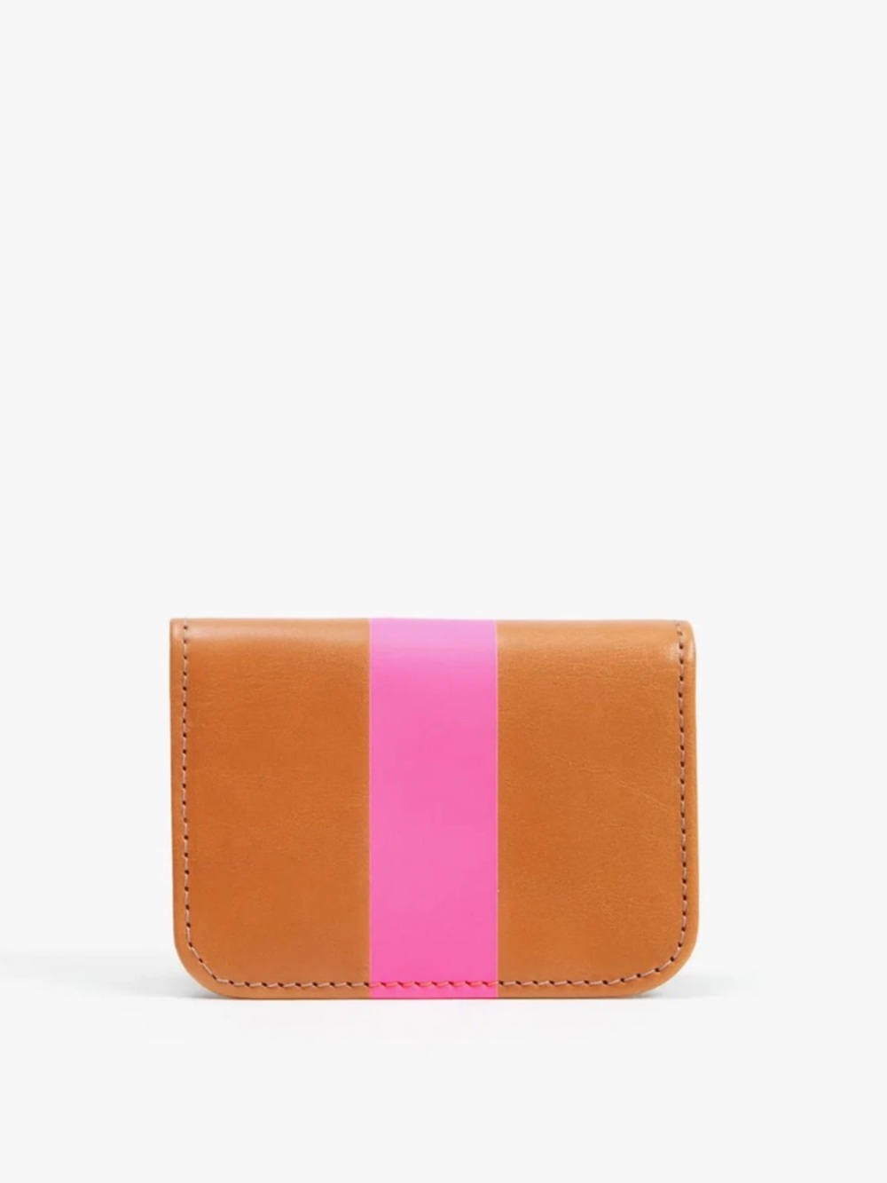 Clare V Blond Genius Card Case in Tan with Pink Stripe